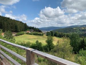 a wooden fence with a view of a field at LES BALCONS DU PHENY LE REFUGE in Gérardmer