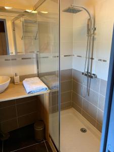 ein Bad mit einer Dusche und einem Waschbecken in der Unterkunft LES BALCONS DU PHENY LE REFUGE in Gérardmer