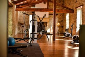 een fitnessruimte met fitnessapparatuur in een bakstenen muur bij Chateau de Rhodes in La Bastide-de-Sérou