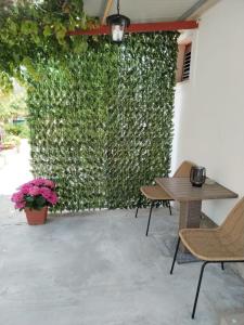 a patio with a green wall with a table and chairs at Apartment Aurora in Hvar