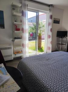 1 dormitorio con 1 cama y puerta corredera de cristal en Chambre et salle d'eau dans dépendance 20 m2, vélos, en Les Sables-dʼOlonne