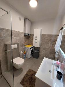 y baño con aseo, lavabo y ducha. en Apartment Adriatic, Cres en Cres