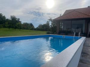 uma piscina com água azul numa casa em Kuća za odmor Međimurski zdenec em Selnica
