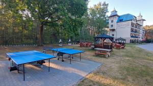 eine Gruppe Tischtennisplatten in einem Park in der Unterkunft Blue Mare Rac in Łukęcin
