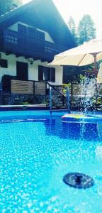 una piscina con una fuente en el medio en NATURALINA HOLIDAY HOUSE, en Tribussa Superiore