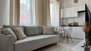 uma sala de estar com um sofá e uma cozinha em Apartamenty Przy Deptaku em Świnoujście