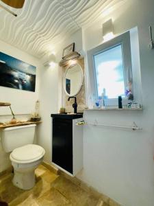 een badkamer met een wit toilet en een spiegel bij Maison à 5min Calanques in Ensuès-la-Redonne