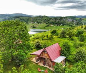 een uitzicht op een huis met een rood dak bij Log cabin Uvac (Vikendica Saponjic) in Nova Varoš