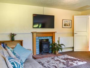 a living room with a fireplace and a tv on the wall at Beachborough Park Summer House in Postling