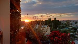 a view of the sunset from a balcony with flowers at Madalin Seaside Apartment in Vlorë