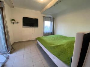 Schlafzimmer mit einem grünen Bett und einem Flachbild-TV in der Unterkunft Apartment Alina in Cadegliano Viconago