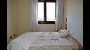 ein Schlafzimmer mit einem Bett mit einer Decke und einem Fenster in der Unterkunft El Descanso in Oviedo