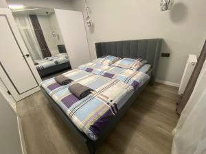 a bedroom with a bed with a large mirror at Prospekt 1 in Uzhhorod