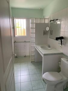 a white bathroom with a toilet and a sink at Villa - La Remise in Saint-Michel-en-lʼHerm
