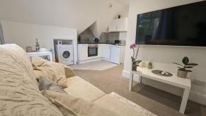 a living room with a couch and a large tv at Modern spacious apartment in Brighton & Hove