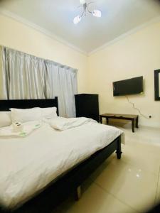 杜拜的住宿－Low-Priced Budget Rooms for rent near Dubai DAFZA，一间卧室配有一张大床和电视