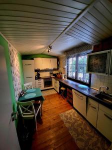 eine Küche mit einem Waschbecken und einem Tisch darin in der Unterkunft Ferienwohnung Theresa in Bad Schonborn