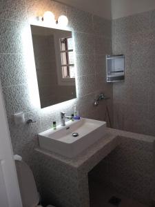 a bathroom with a white sink and a mirror at Elina Apartments in Batsi