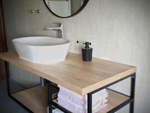 a bathroom with a sink on a wooden counter with a mirror at Premium Apartments Tade Funtana in Funtana +45 photos