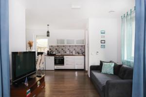a living room with a couch and a tv at Harmony Delux Apartman in Balatonboglár