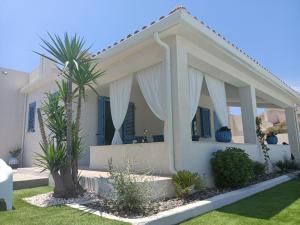 ein weißes Haus mit einer Palme im Hof in der Unterkunft Villa Colapesce in Marzamemi