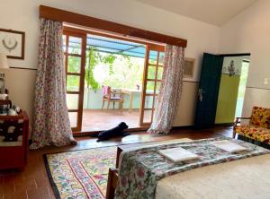 a bedroom with a bed and a cat laying on the floor at Villa Jacaranda in Varkala