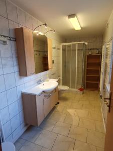 La salle de bains est pourvue d'un lavabo, d'une douche et de toilettes. dans l'établissement Ferienwohnung 1, unten, à Bad Wilsnack