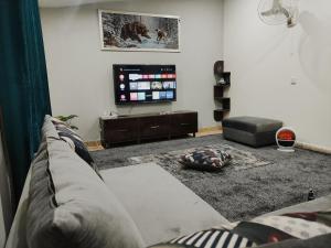 - un salon avec un canapé et une télévision dans l'établissement QB Elegant Villa Bahria Town, à Rawalpindi