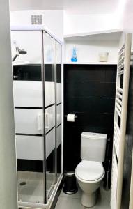 La salle de bains est pourvue de toilettes et d'une douche en verre. dans l'établissement APPARTEMENT-JARDINET 300 m plage ST PALAIS SUR MER, à Saint-Palais-sur-Mer