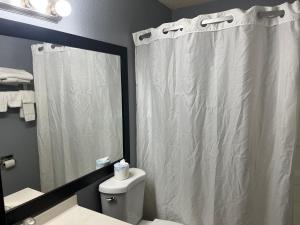 a bathroom with a white shower curtain and a mirror at Rodeway Inn in Whitehall