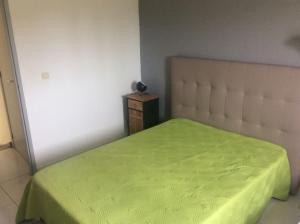 1 dormitorio con cama verde y mesita de noche en Jolie petite villa climatisée proche de la mer, en Torreilles