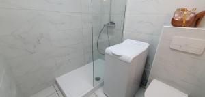 a white bathroom with a shower and a toilet at Appartement frontière Luxembourg in Thionville