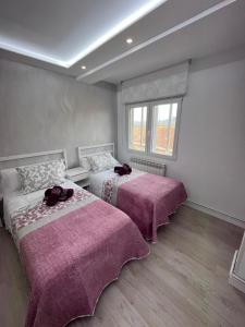 a bedroom with two beds with pink blankets at Apartamentos C&E in Haro