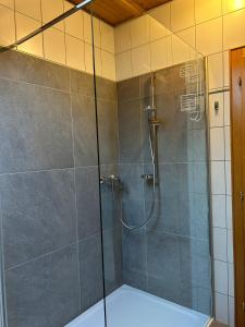 a shower with a glass door in a bathroom at Ferienhaus Schmied in Egg