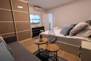 sypialnia z łóżkiem, kanapą i telewizorem w obiekcie O&O Group - The SeaGate Estate suites - Suite 1 w mieście Riszon le-Cijjon