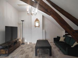 ein Wohnzimmer mit einem Sofa und einem TV in der Unterkunft Le Moulin Neuf in Brienon-sur-Armançon