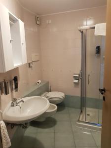 La salle de bains est pourvue d'un lavabo, de toilettes et d'une douche. dans l'établissement Hotel Villa Pagoda, à Sirmione