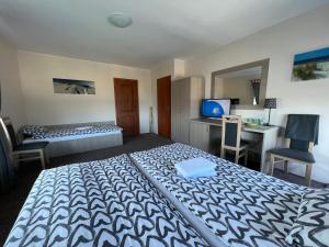 ブワディスワボボにあるStokrotkaのベッド、デスク、テレビが備わるホテルルームです。