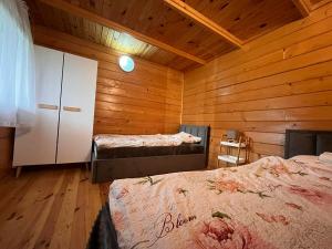 two beds in a room with wooden walls at Domki u Pieszczocha in Bukowiec
