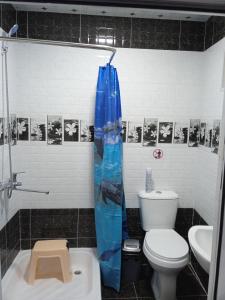 La salle de bains est pourvue de toilettes et d'un rideau de douche bleu. dans l'établissement Guest House "AN" & Teahouse, à Boukhara