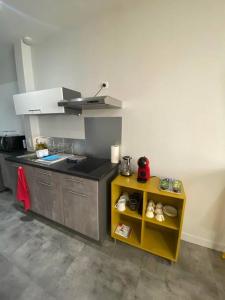 une cuisine avec un comptoir et une étagère jaune dans l'établissement Le Dolaizon, appartement avec ascenseur, au Puy-en-Velay