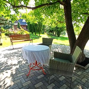 einen Tisch und Stühle unter einem Baum in einem Park in der Unterkunft Маєток SOVA in Khutoro-Gubinikha