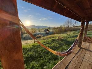 a hammock in a cabin with a view of a field at Lipie12a - pokoje in Lipie