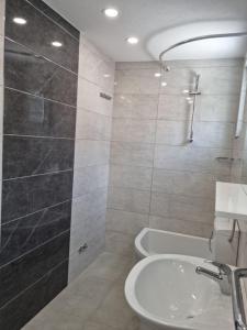 a bathroom with a shower and a sink and a toilet at Apartmani Emi in Tučepi +55 photos
