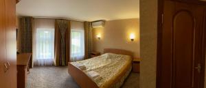 ein Hotelzimmer mit einem Bett und zwei Fenstern in der Unterkunft Зелений Клин in Gubnik