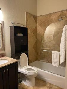 a bathroom with a toilet and a tub and a sink at Our boutique Fort Lauderdale guest house in Fort Lauderdale