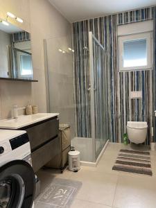 La salle de bains est pourvue de toilettes, d'un lavabo et d'une douche. dans l'établissement Apartment Primero, à Primošten