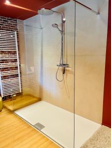 a shower with a glass door in a room at Bourgogne en Grez in Grez-Doiceau