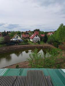 Una vista desde el tejado de una casa con estanque. en OAZA, en Olsztyn