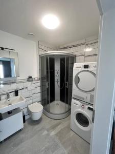 a bathroom with a shower and a washing machine at Feel like Home 1 in Biberach an der Riß